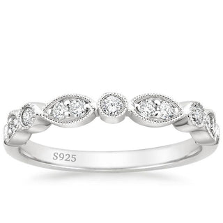925 Sterling Silver Ring Women Cubic Zirconia Marquise & Round Milgrain Half Stackable Eternity Ring