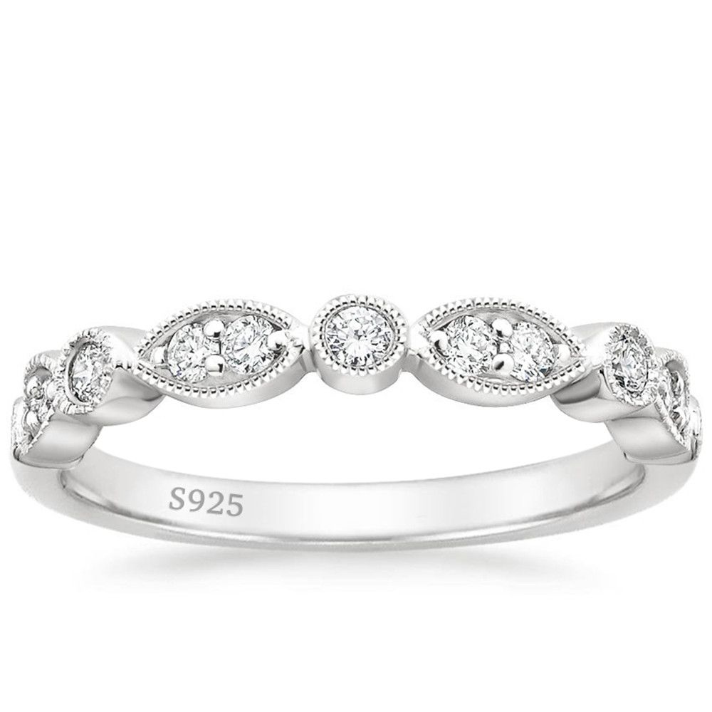 925 Sterling Silver Ring Women Cubic Zirconia Marquise & Round Milgrain Half Stackable Eternity Ring