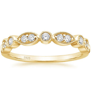 925 Sterling Silver Ring 14K Gold Plated Women Cubic Zirconia Marquise & Round Milgrain Half Stackable Eternity Ring