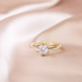 925 Sterling Silver Ring 14K Gold Plated 1 Ct Solitaire Round CZ Women Six Prong Engagement Bands