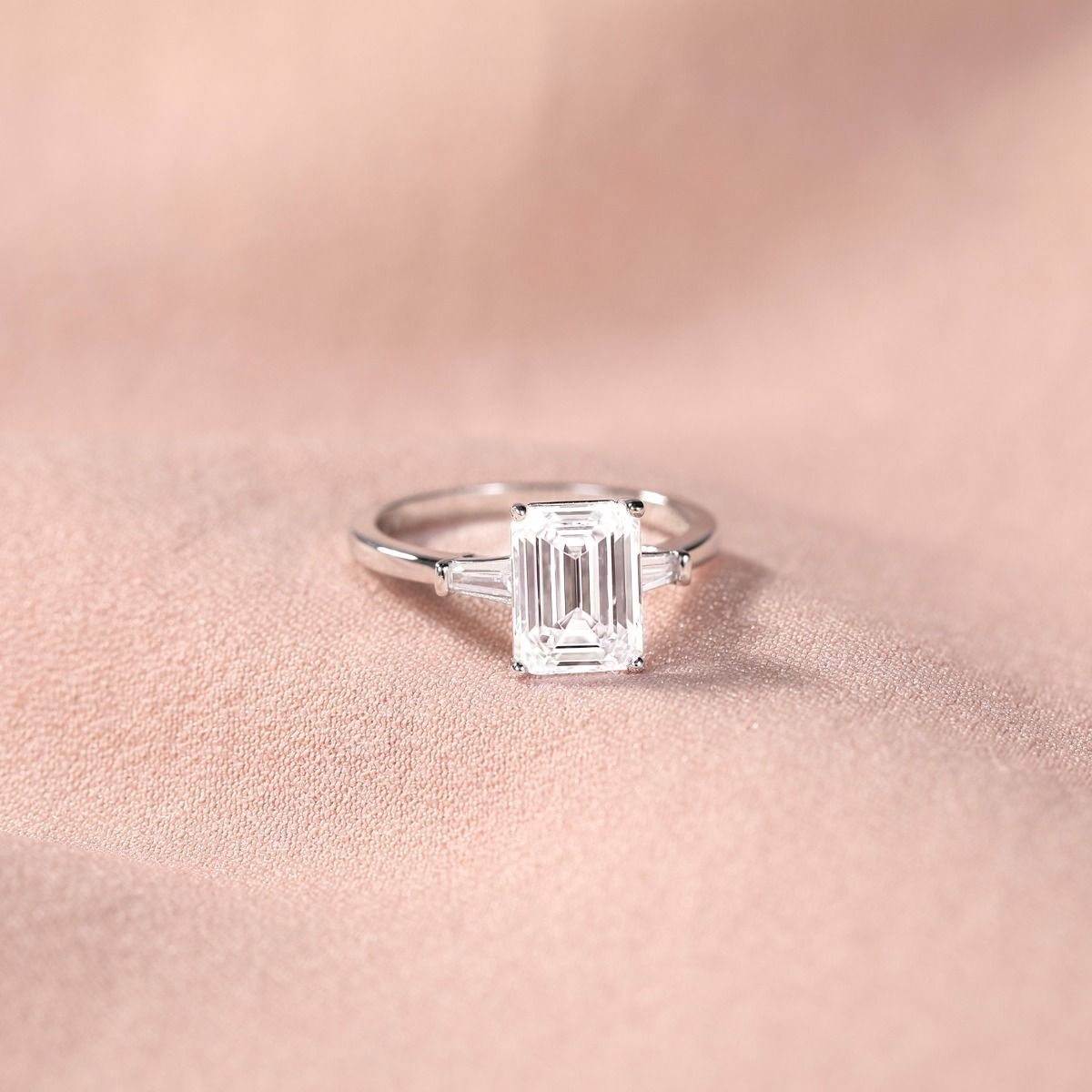 3Ct 925 Sterling Silver Rings 3-Stone Emerald Cut Cubic Zirconia CZ Women Engagement Ring