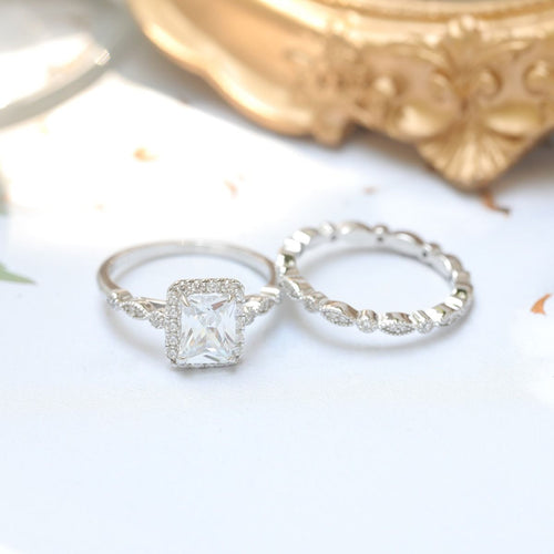 2Ct 925 Sterling Silver Bridal Ring Sets Emerald Cut CZ Women Vintage Engagement Wedding Bands