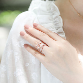 Rose Gold 925 Sterling Silver Ring Women Double X Shape Cross Design Cubic Zircon Wedding Bands