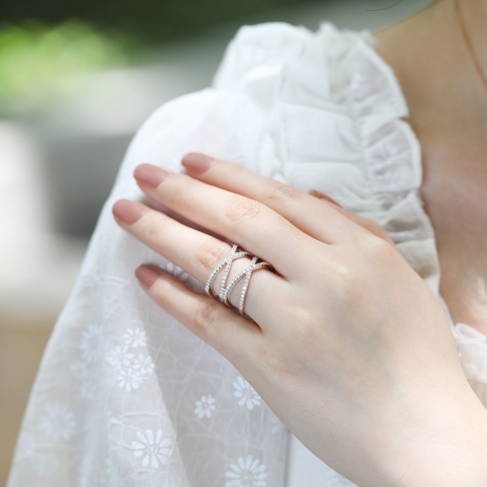 925 Sterling Silver Ring Women Double X Shape Cross Design Cubic Zircon Wedding Bands