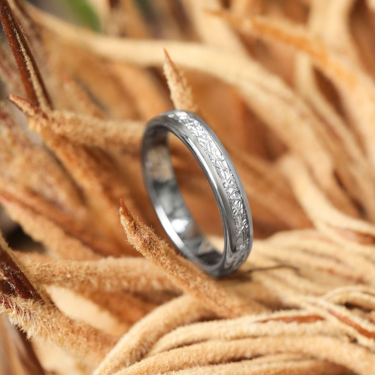 4mm Tungsten Carbide Rings Men Women Silver Dome Polished Imitation Meteorite Inlay Ring