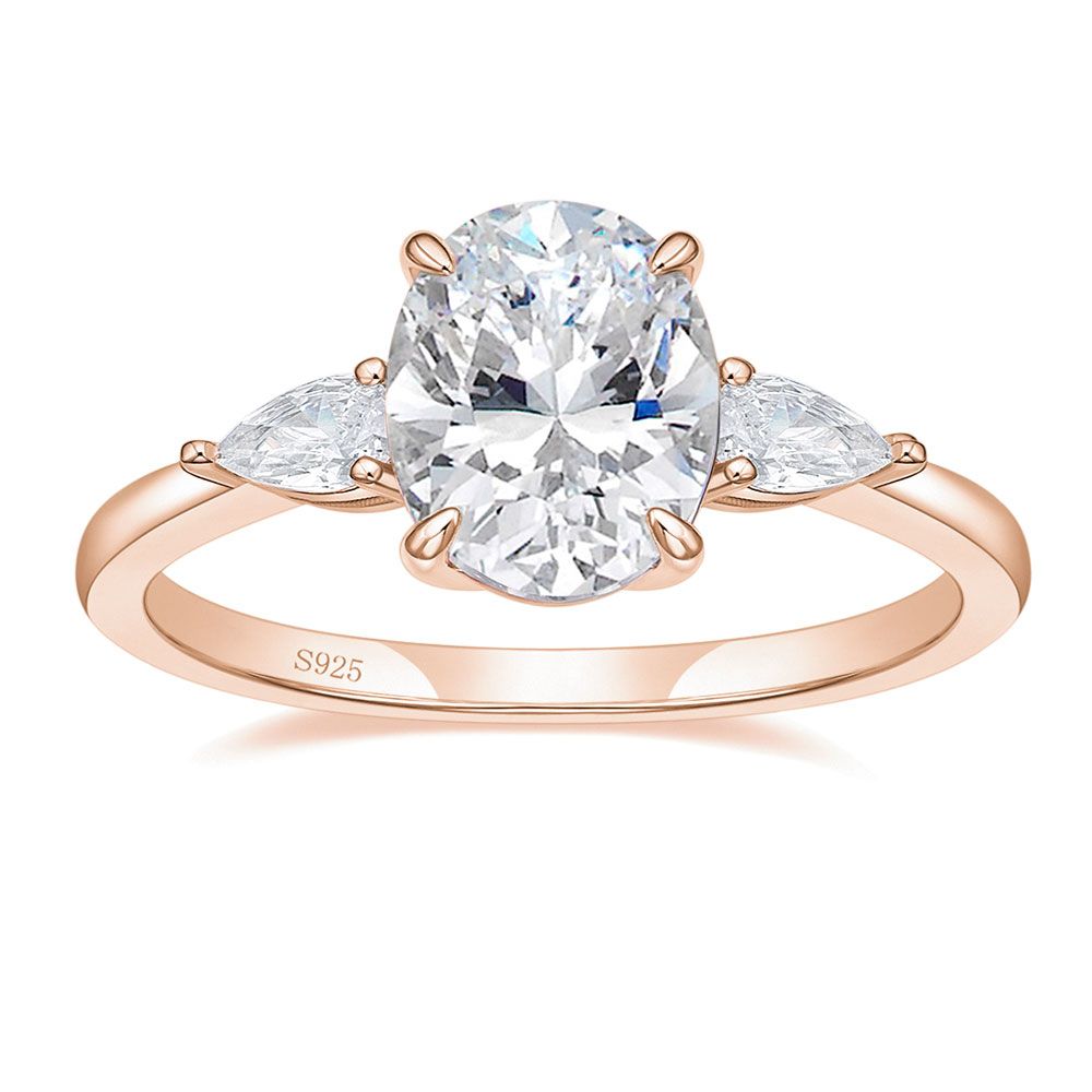 3ct 925 Sterling Silver Ring Rose Gold 3-Stone Oval Zircon Cut Women Engagement Band