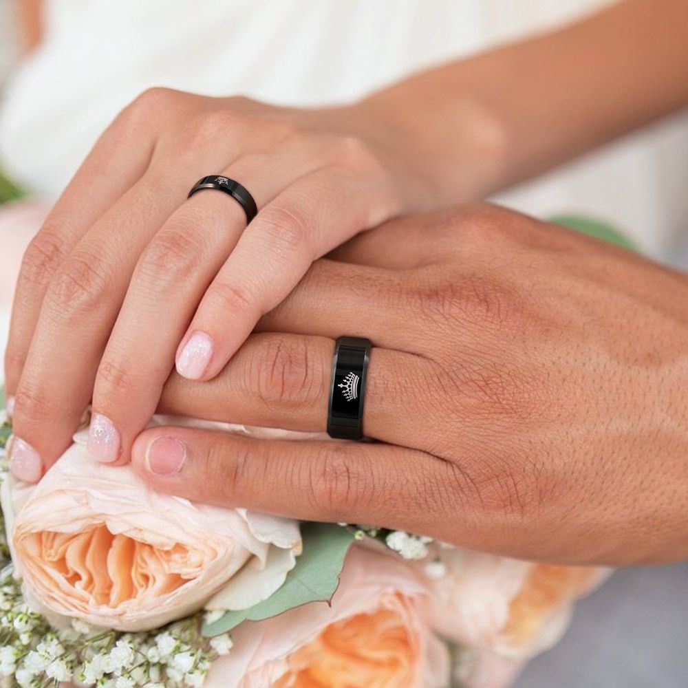 6mm Black “His Queen” Printed Engravable Couple Wedding Bands Crown Tungsten Carbide Rings