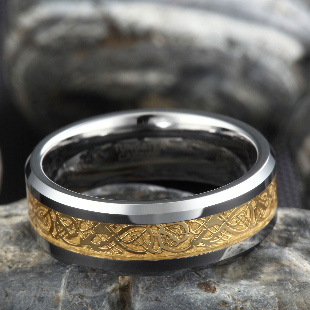 8mm Men Women Tungsten Carbide Ring Gold Dragon Inlay Polished Wedding Bands