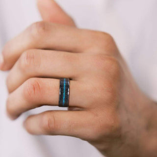 8mm Mens Multi-Faceted Edge With Black Sand and Green-Blue Opal Inlay Tungsten Carbide Rings Wedding Rings