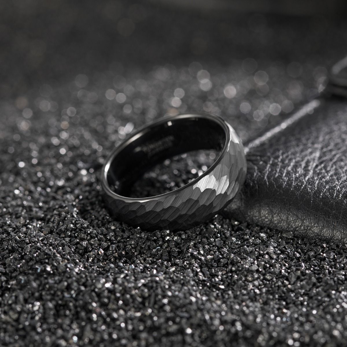 8mm Black Hammered Tungsten Carbide Ring Mens Women Engagement Wedding Bands