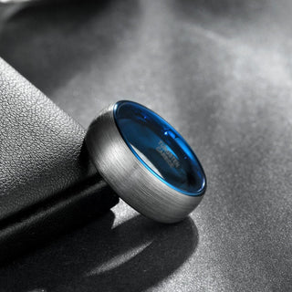 8mm Dark Silver Tungsten Carbide Ring Men Dome Brushed Wedding Bands Blue Inner Ring