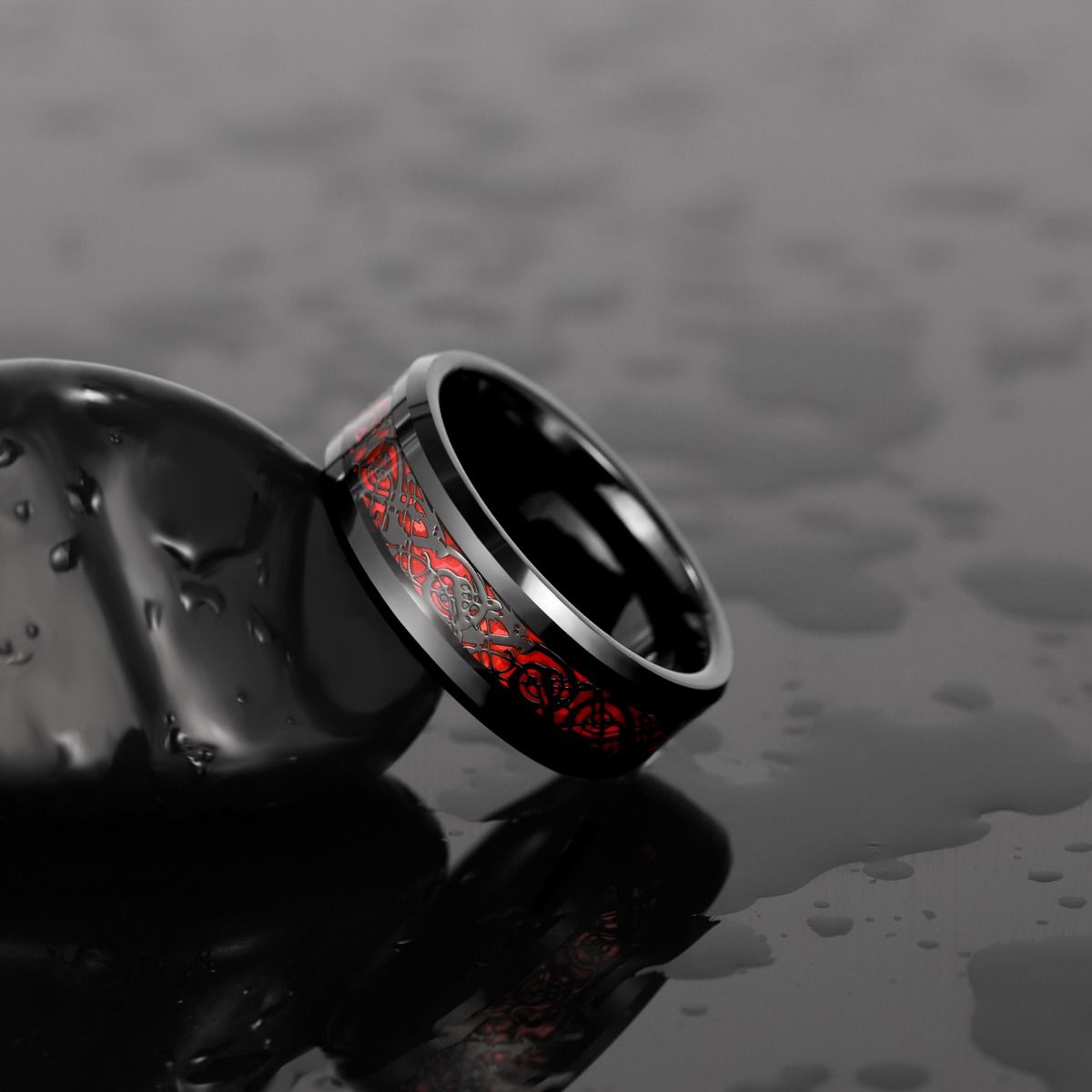8mm Black Tungsten Carbide Ring Men Red Celtic Dragon Inlay Rings
