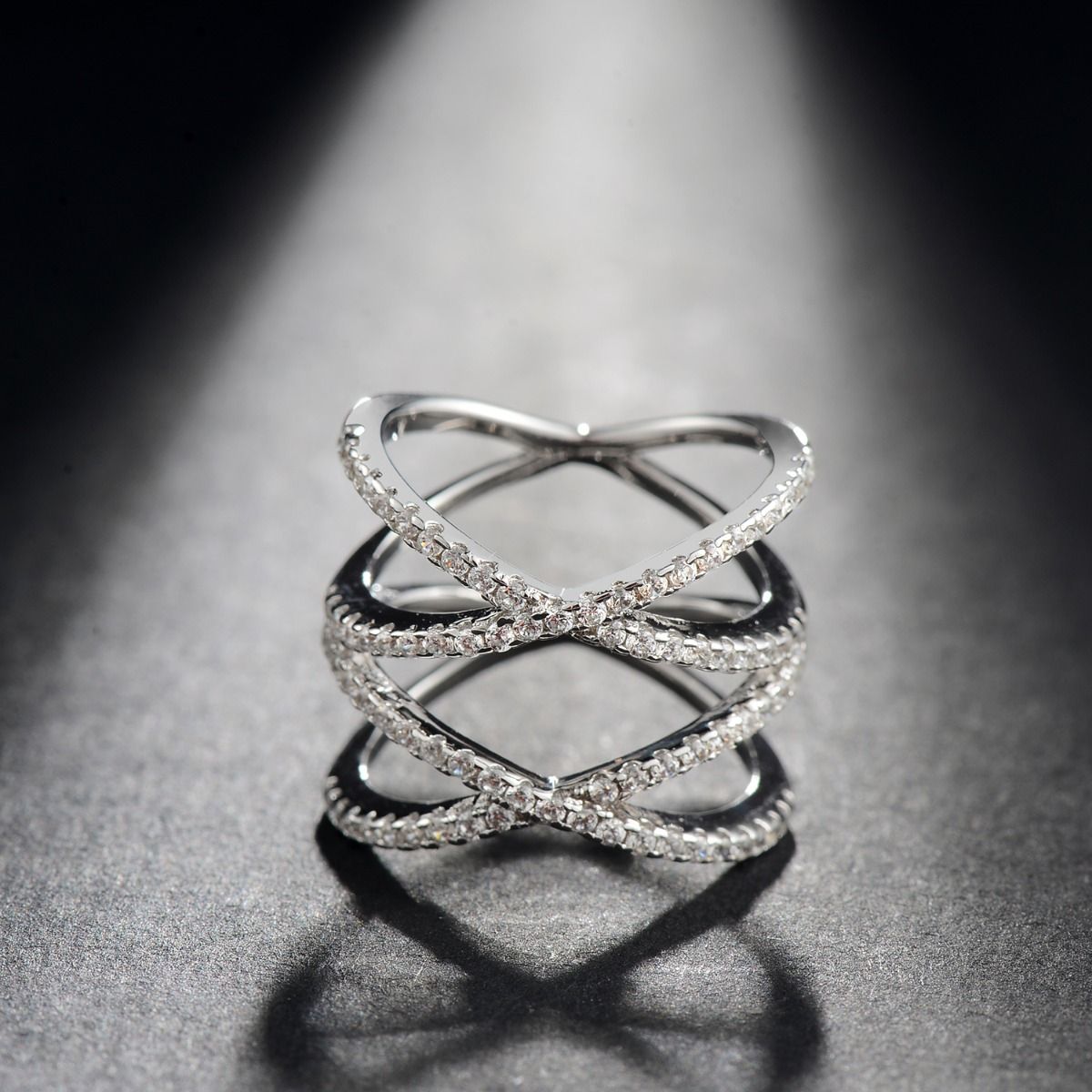 925 Sterling Silver Ring Women Double X Shape Cross Design Cubic Zircon Wedding Bands