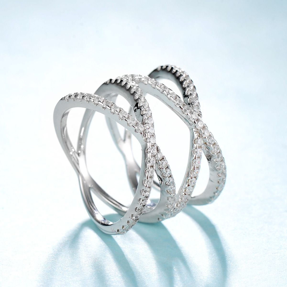 925 Sterling Silver Ring Women Double X Shape Cross Design Cubic Zircon Wedding Bands