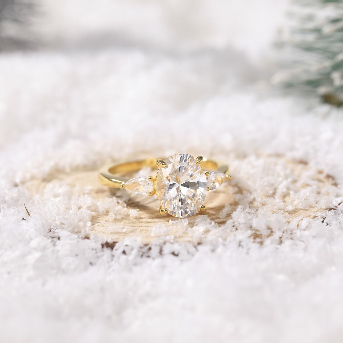 14k Gold Plated 925 Sterling Silver Ring 3Ct Zircon 3-Stone Oval Cut Women Engagement Bands