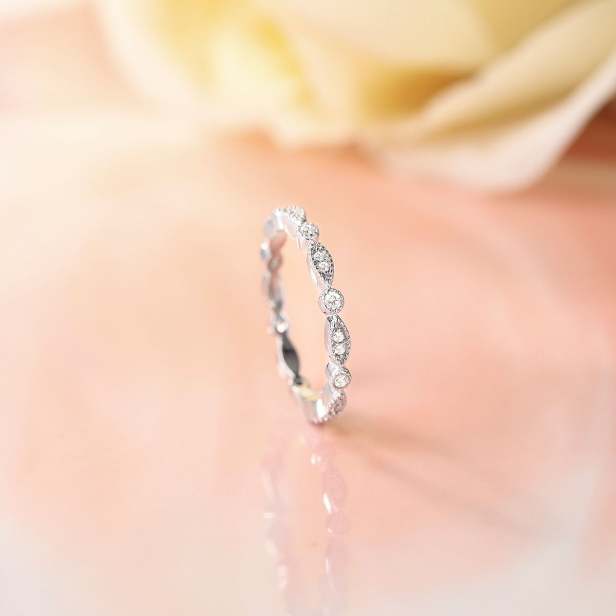 925 Sterling Silver Ring Women Cubic Zirconia Marquise & Round Milgrain Eternity Stackable Ring