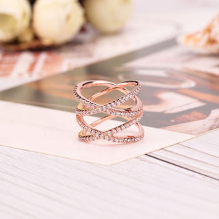 Rose Gold 925 Sterling Silver Ring Women Double X Shape Cross Design Cubic Zircon Wedding Bands