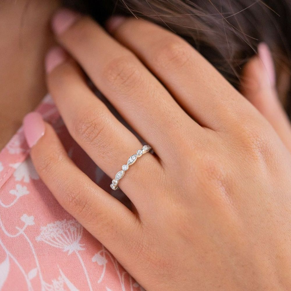 925 Sterling Silver Ring Women Cubic Zirconia Marquise & Round Milgrain Eternity Stackable Ring