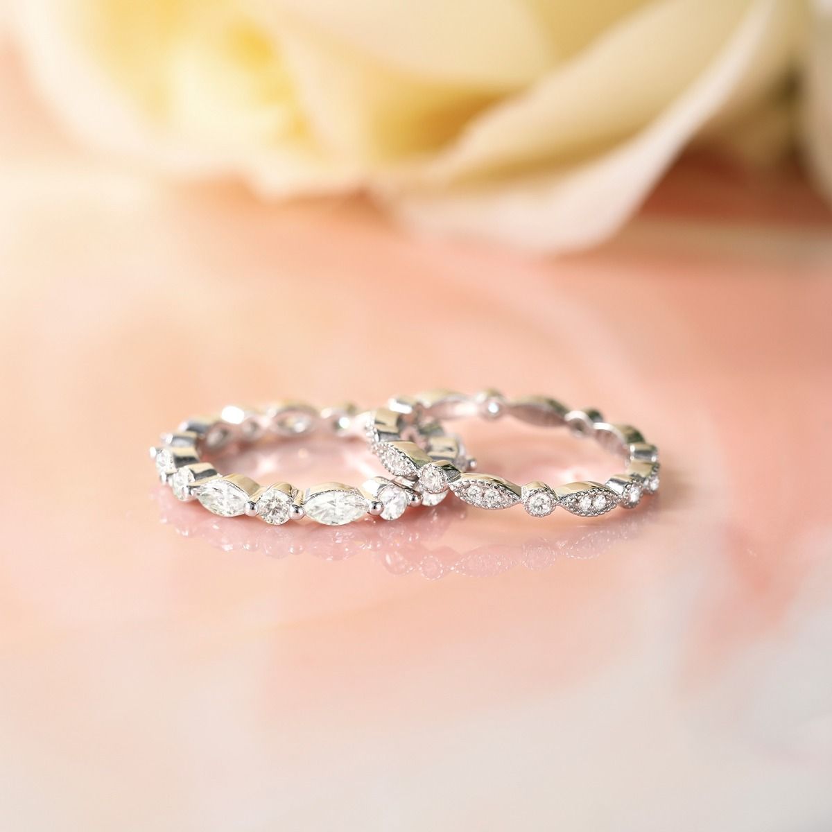 925 Sterling Silver Ring Women Cubic Zirconia Marquise & Round Milgrain Eternity Stackable Ring