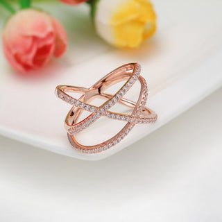 Rose Gold 925 Sterling Silver Ring Women X Shape Cross Cubic Zircon Wedding Bands